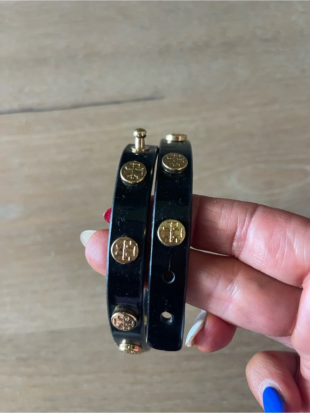 Tory Burch Black Enamel Wrap Bracelet with Gold Logo Studs